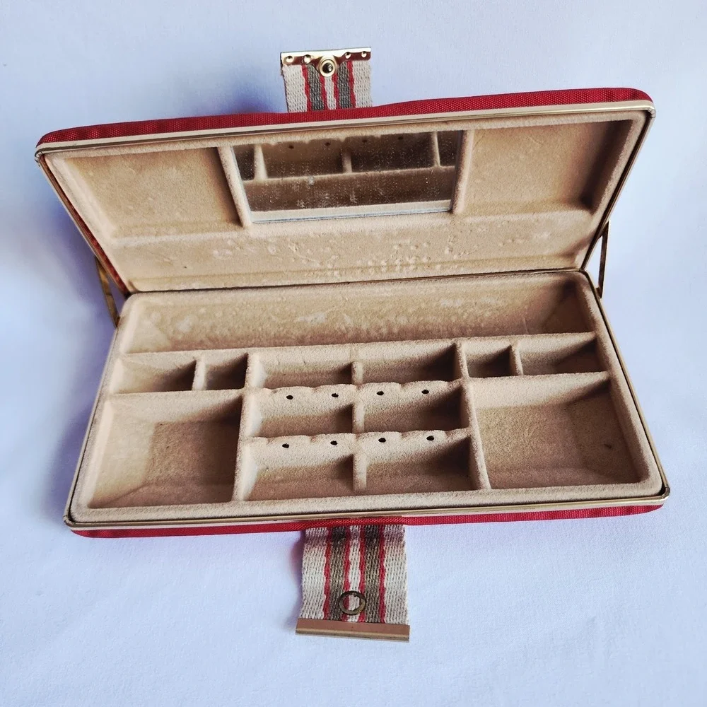 Vintage MCM Red Jewelry Box Travel Case Mirror 1960s Retro Canvas Organiser Mod